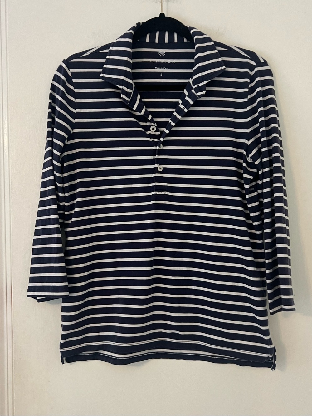 Renwick Navy White Striped Pima Cotton 3/4 Sleeve Golf Polo Shirt Small (Y100)